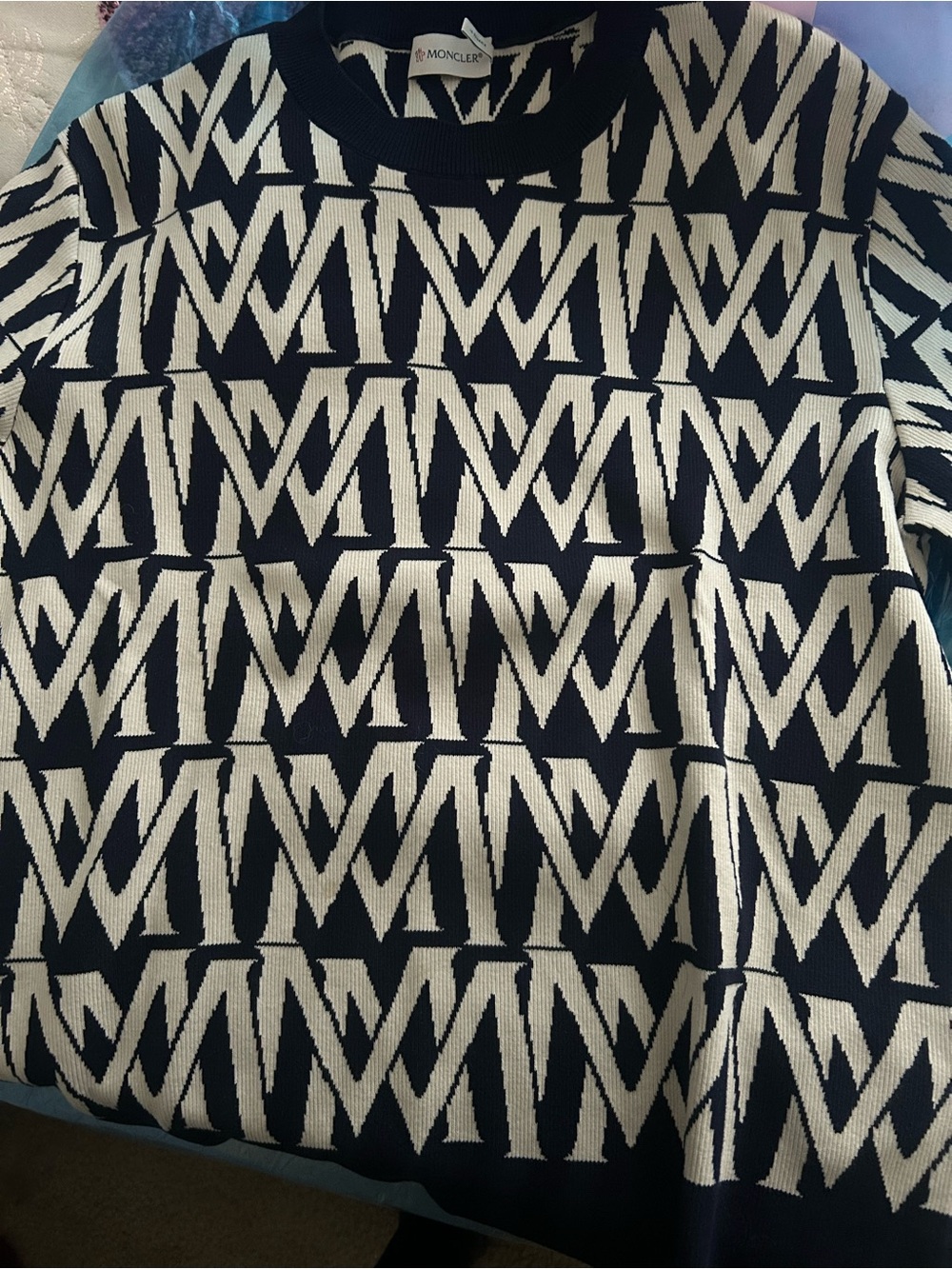 Moncler Navy and White Logo Jacquard Sweater
